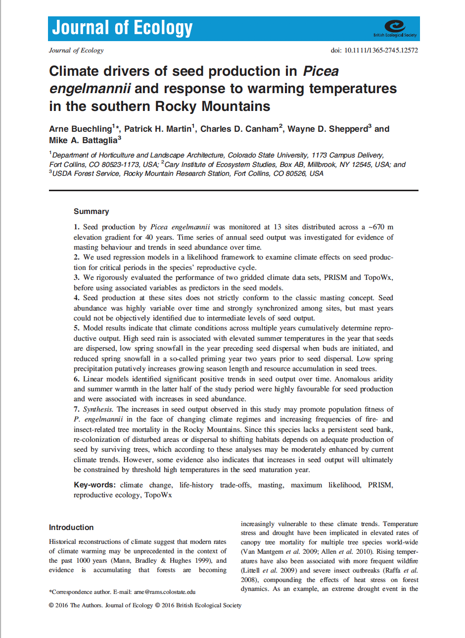 Climate drivers of seed production in Picea engelmannii and response to warming temperatures in the southern Rocky Mountains