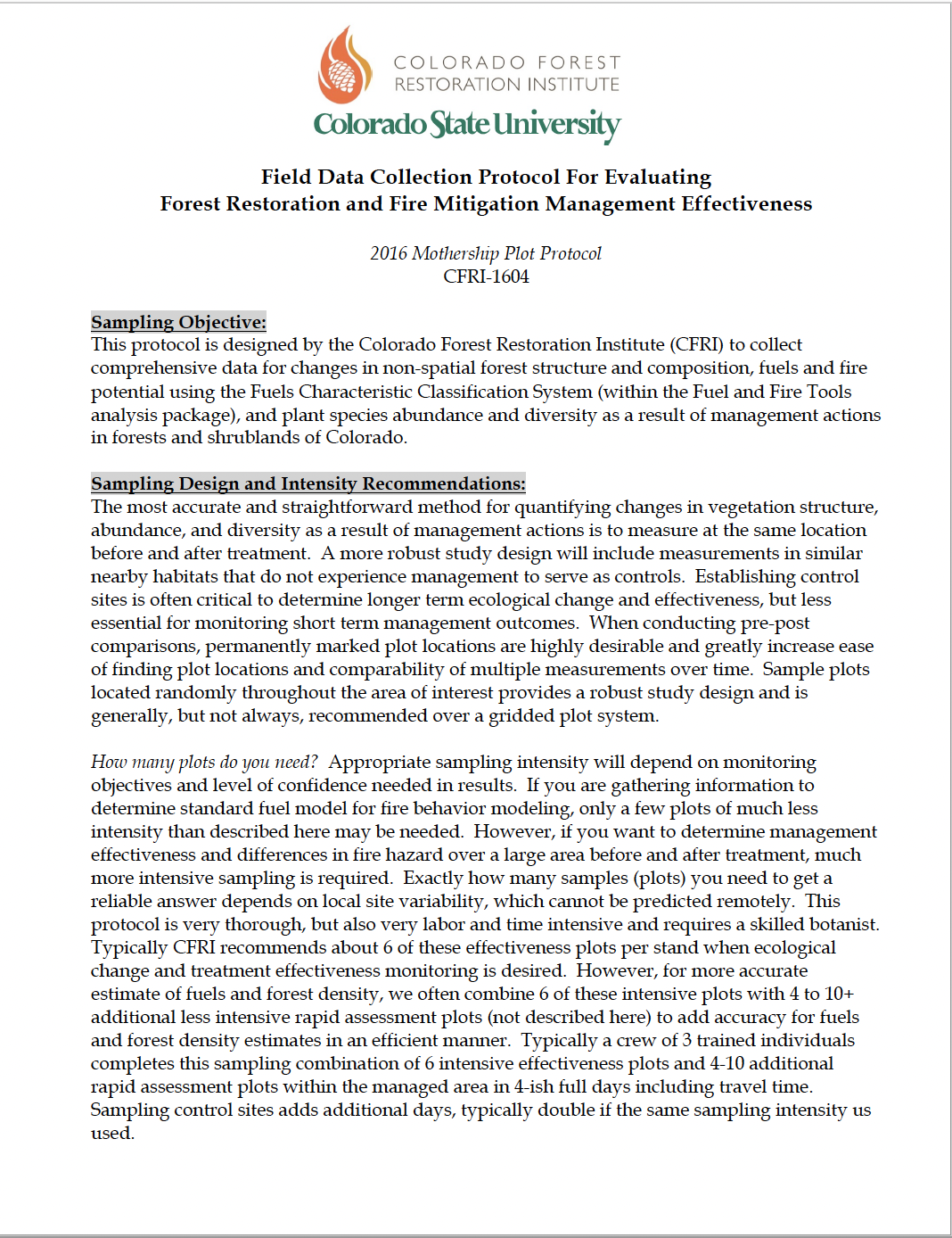 Field Data Collection Protocol For Evaluating Forest Restoration and Fire Mitigation Management Effectiveness