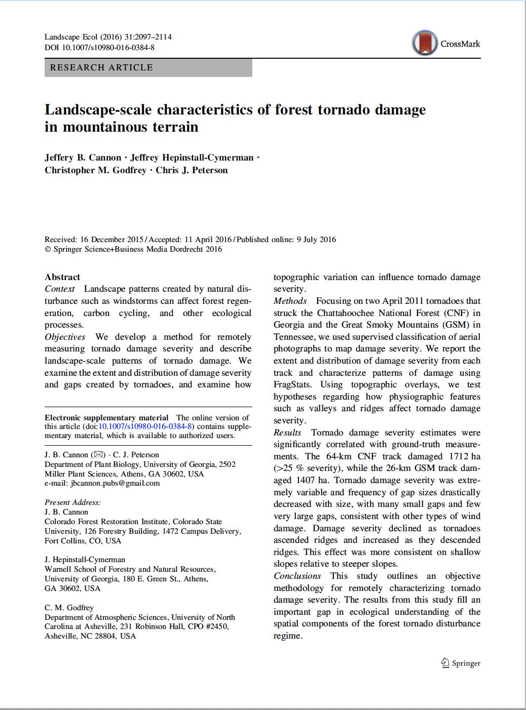 Landscape-scale characteristics of forest tornado damage in mountainous terrain