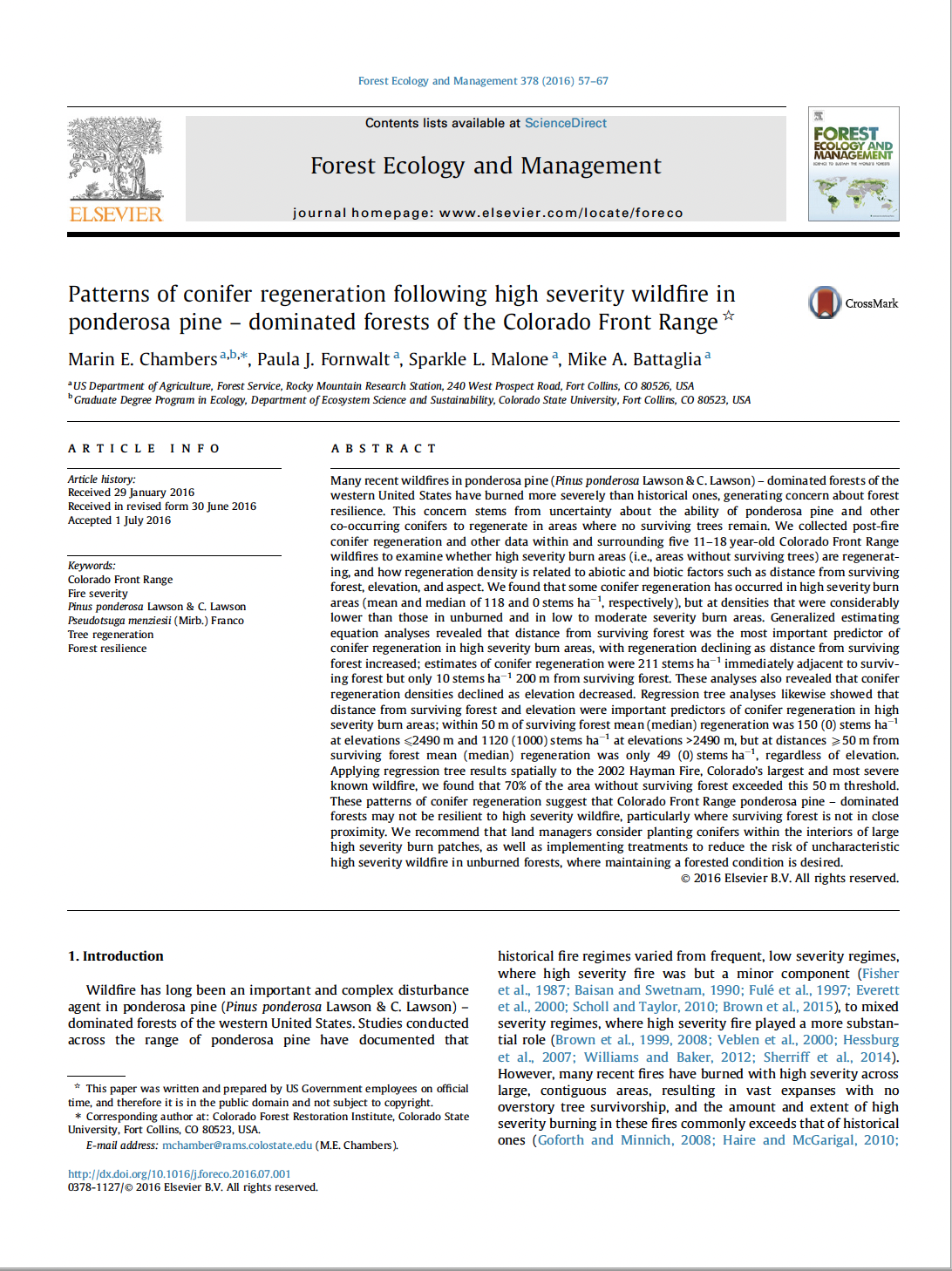 Patterns of conifer regeneration following high severity wildfire in ponderosa pine – dominated forests of the Colorado Front Range