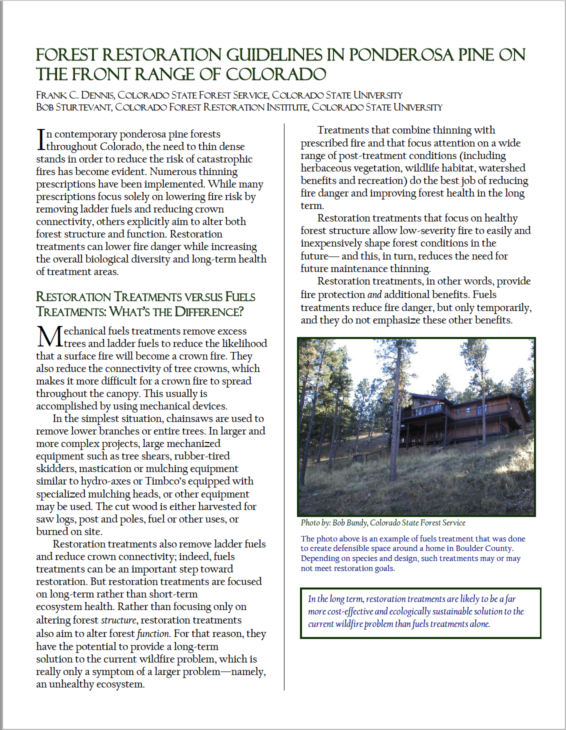Forest Restoration Guidelines in Ponderosa Pine on the Front Range of Colorado