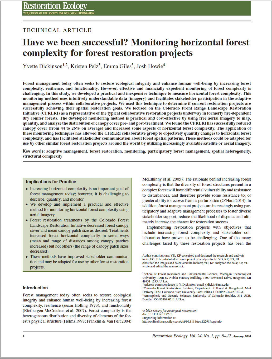 Have we been successful? Monitoring horizontal forest complexity for forest restoration projects