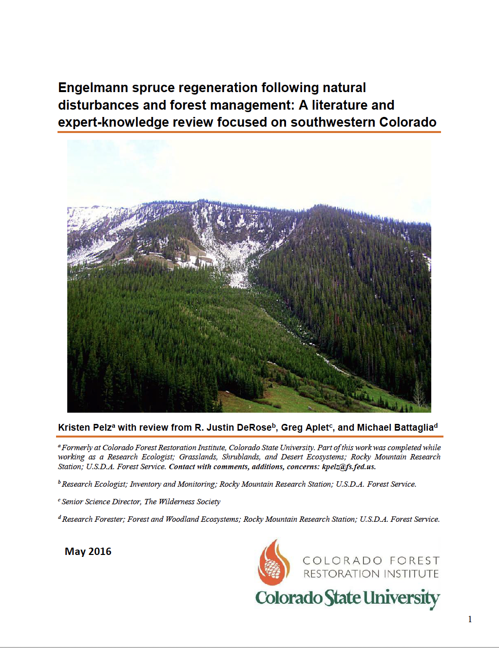 Engelmann spruce regeneration following natural disturbances and forest management: A literature and expert-knowledge review focused on southwestern Colorado