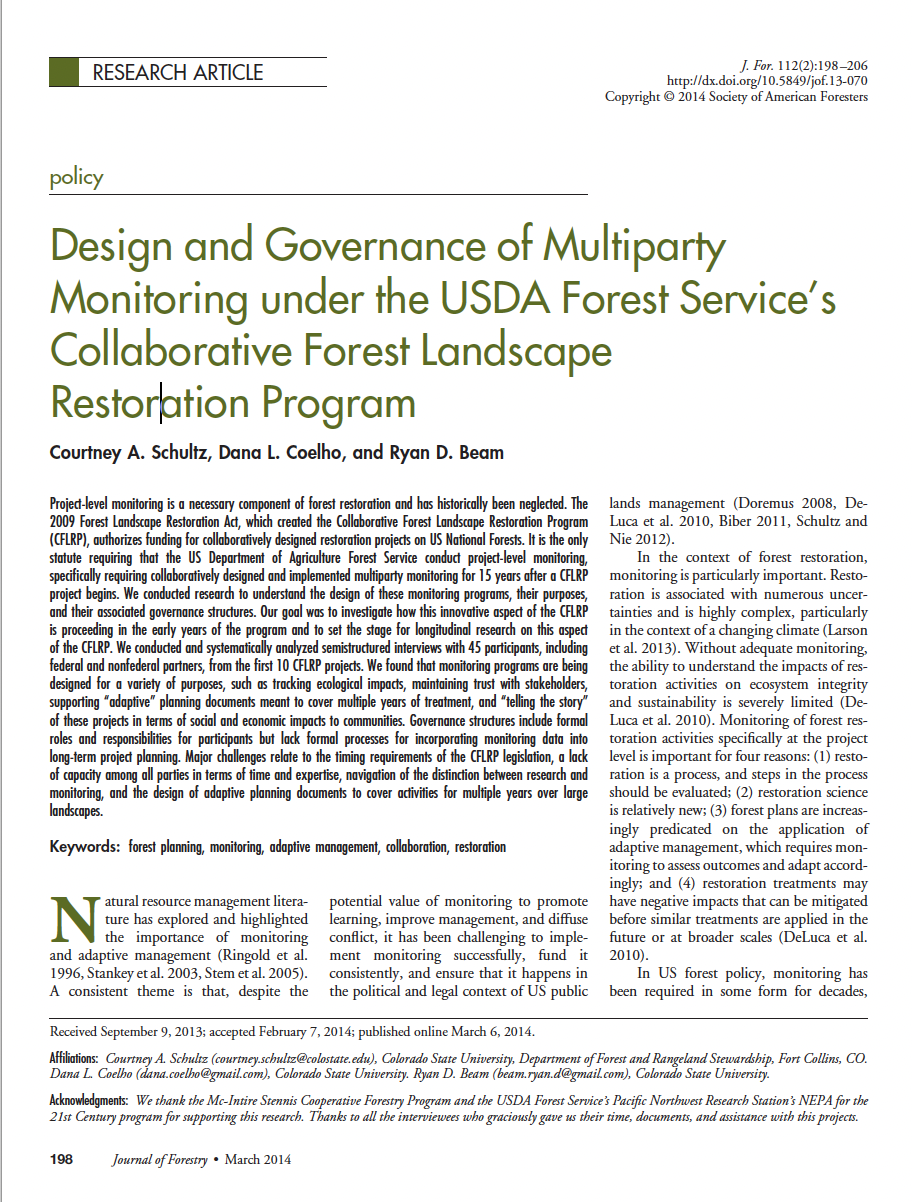 Design and Governance of Multiparty Monitoring under the USDA Forest Service’s Collaborative Forest Landscape Restoration Program