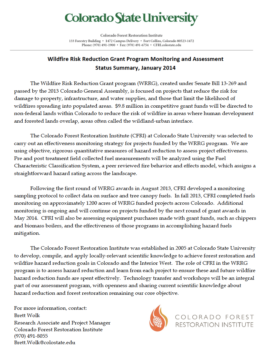Wildfire Risk Reduction Grant Program Monitoring and Assessment Status Summary, January 2014