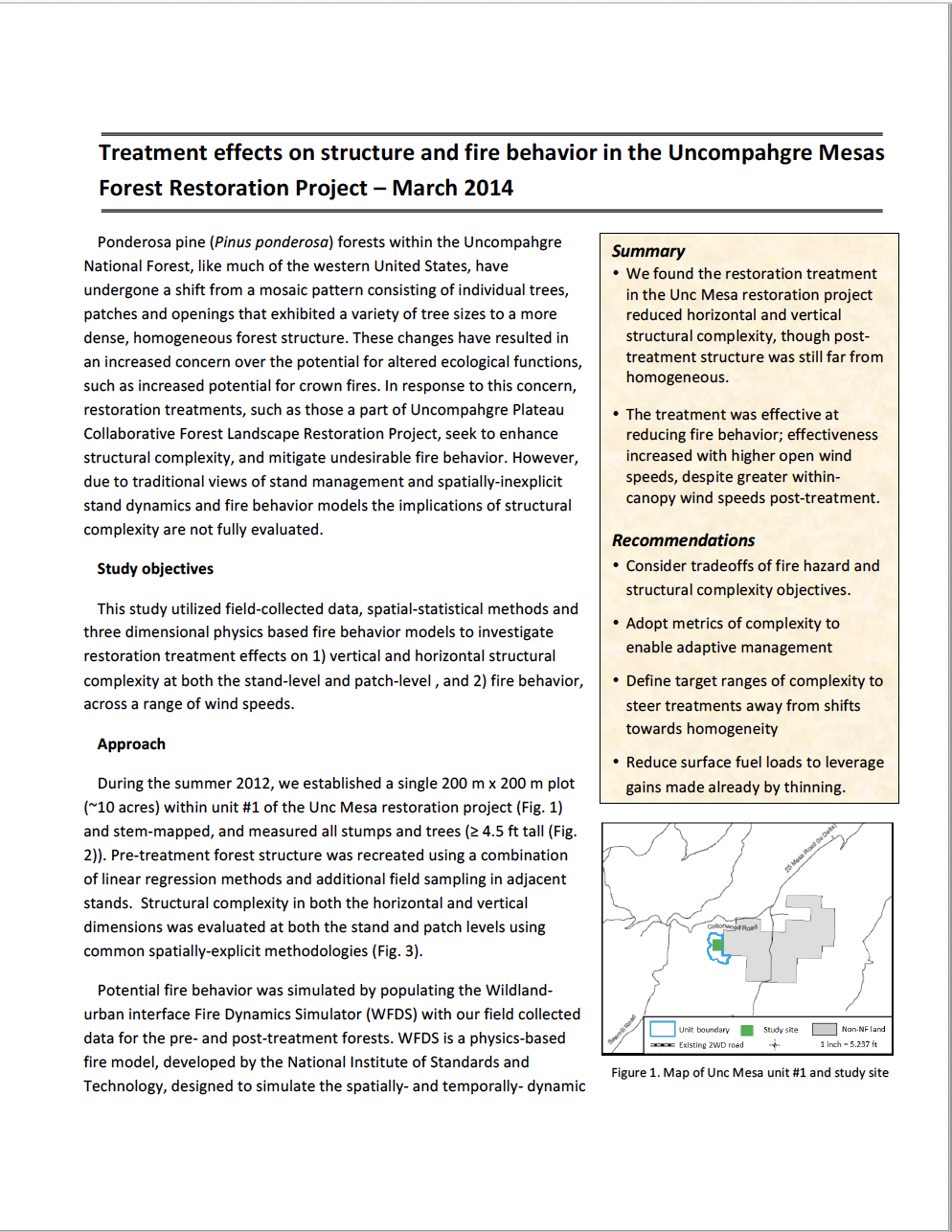 Treatment effects on structure and fire behavior in the Uncompahgre Mesas Forest Restoration Project – March 2014