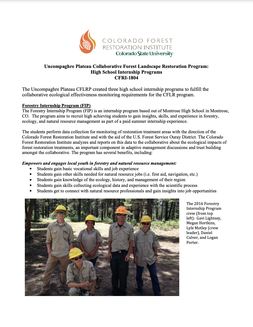 Uncompaghre Plateau Collaborative Forest Landscape Restoration Program: High School Internship Programs