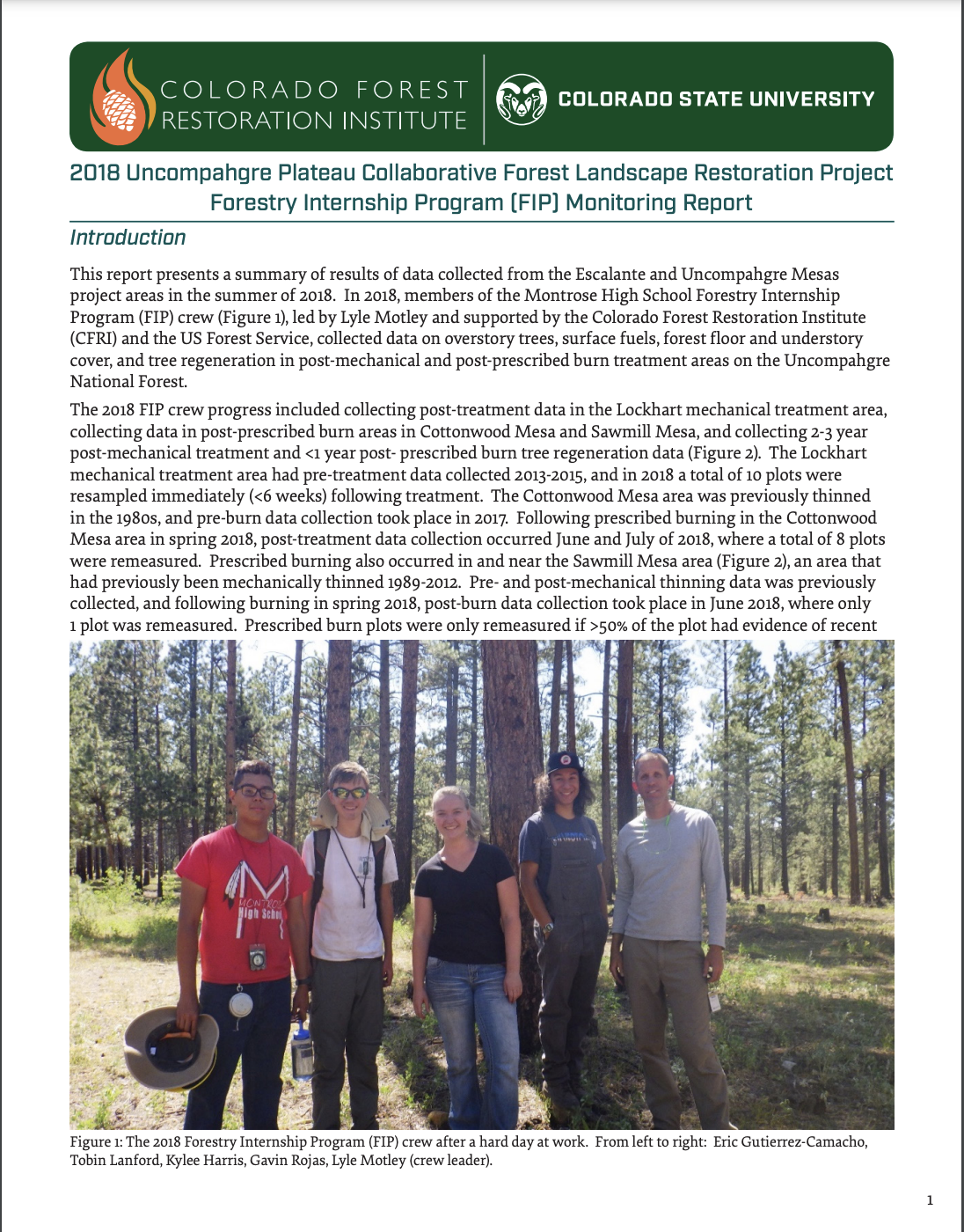 2018 Uncompahgre Plateau Collaborative Forest Landscape Restoration Project Forestry Internship Program (FIP) Monitoring Report