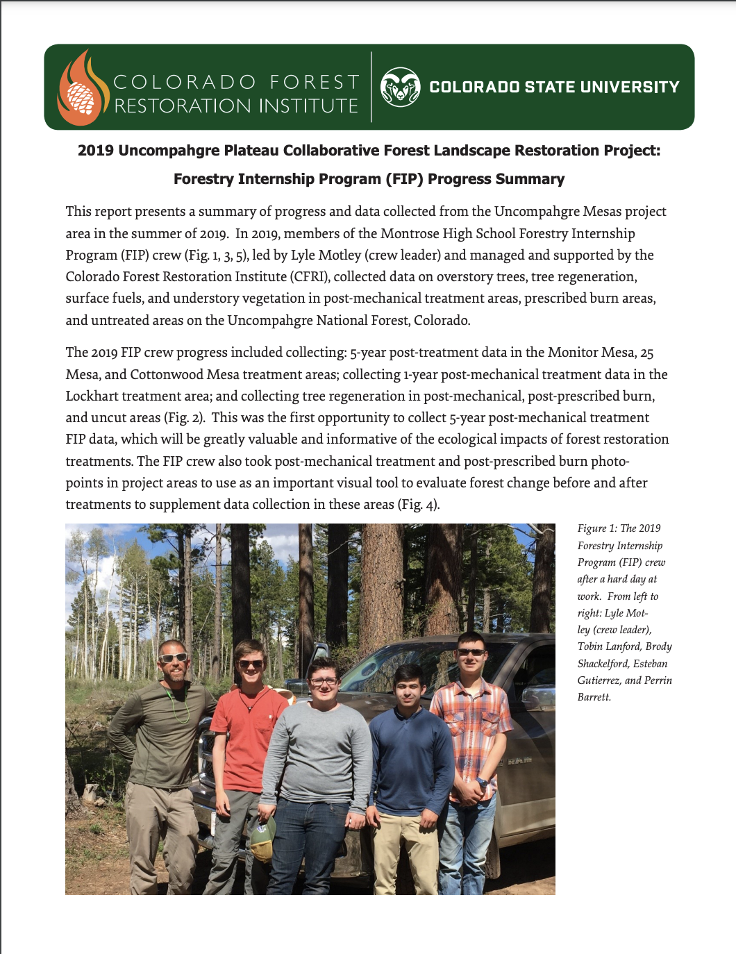 2019 Uncompahgre Plateau Collaborative Forest Landscape Restoration Project: Forestry Internship Program (FIP) Progress Summary