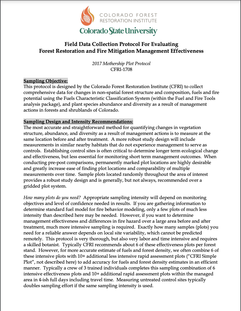 Field Data Collection Protocol For Evaluating Forest Restoration and Fire Mitigation Management Effectiveness 2017 Mothership Plot Protocol