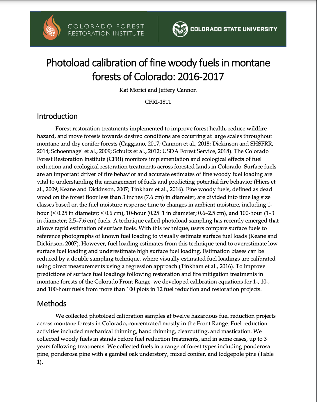 Photoload calibration of fine woody fuels in montane forests of Colorado: 2016-2017