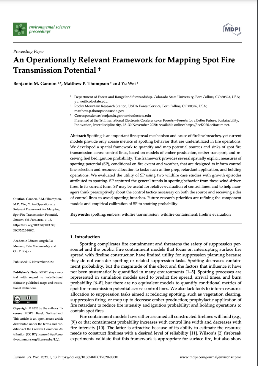 An Operationally Relevant Framework for Mapping Spot Fire Transmission Potential