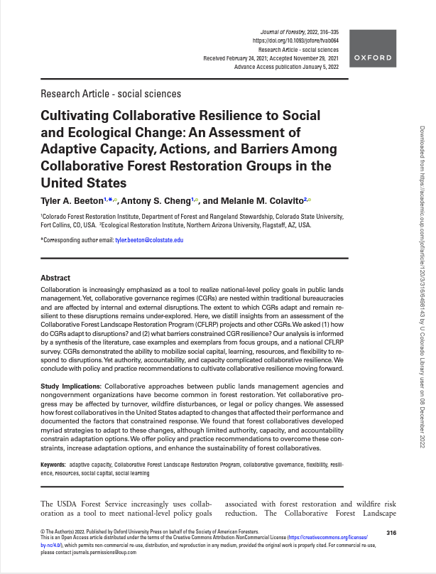 Cultivating Collaborative Resilience to Social and Ecological Change: An Assessment of Adaptive Capacity, Actions, and Barriers Among Collaborative Forest Restoration Groups in the United States