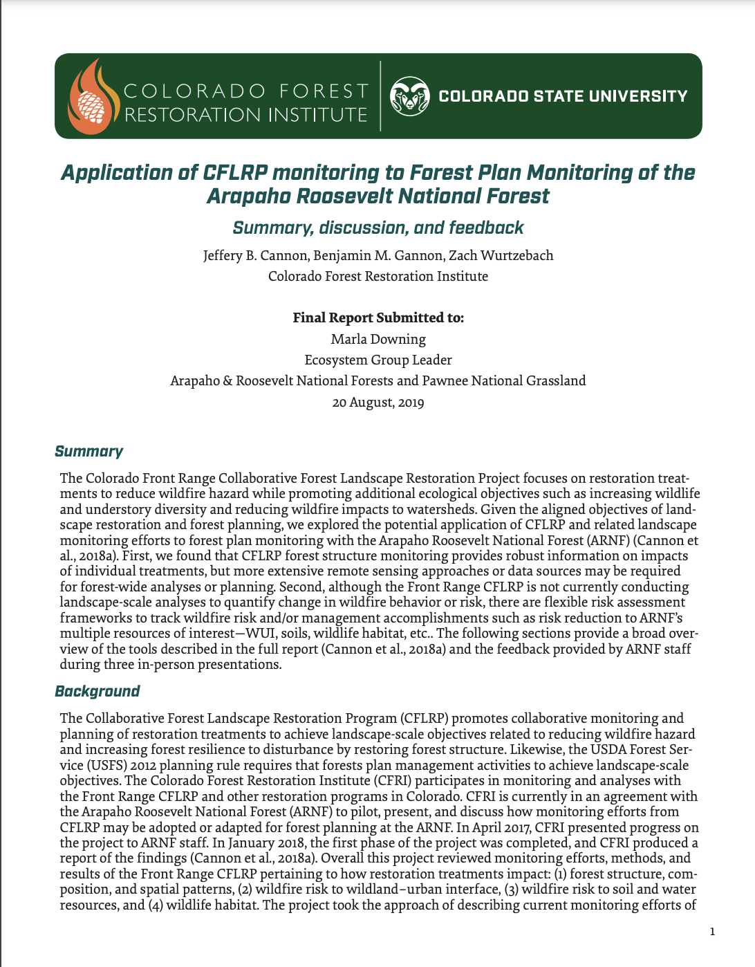 Application of CFLRP monitoring to Forest Plan Monitoring of the Arapaho Roosevelt National Forest