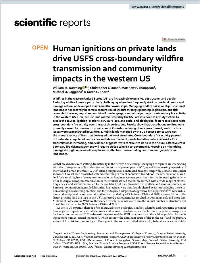 Human ignitions on private lands drive USFS cross‑boundary wildfire transmission and community impacts in the western US
