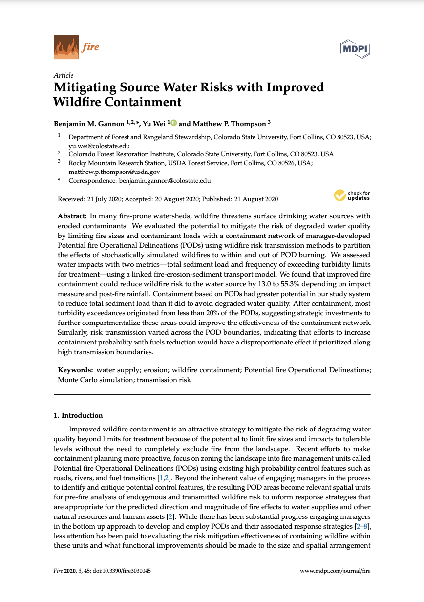 Mitigating Source Water Risks with Improved Wildfire Containment