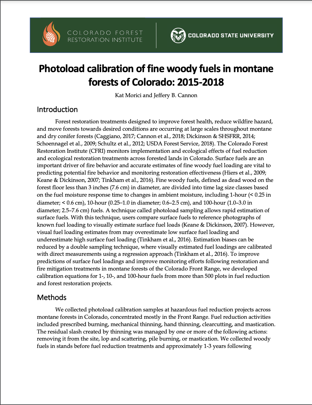Photoload calibration of fine woody fuels in montane forests of Colorado: 2015-2018