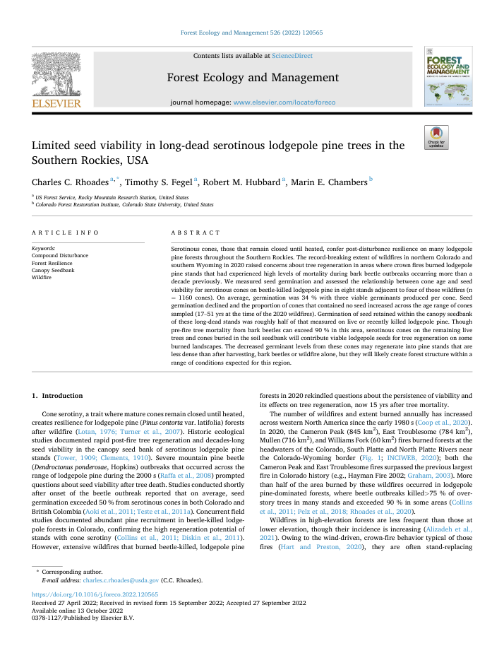 Limited seed viability in long-dead serotinous lodgepole pine trees in the Southern Rockies, USA