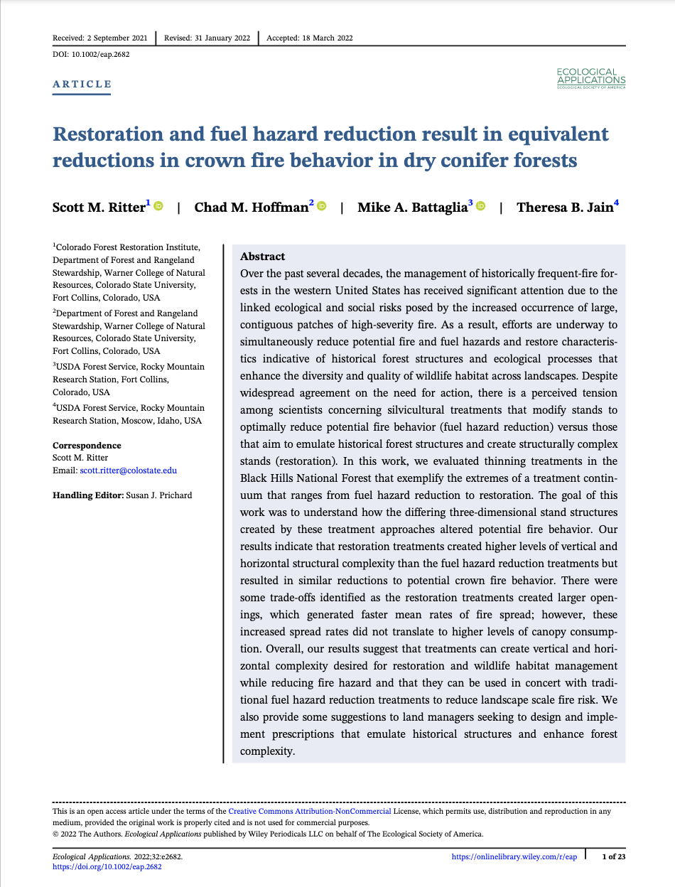 Restoration and fuel hazard reduction result in equivalent reductions in crown fire behavior in dry conifer forests