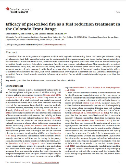 Efficacy of prescribed fire as a fuel reduction treatment in the Colorado Front Range