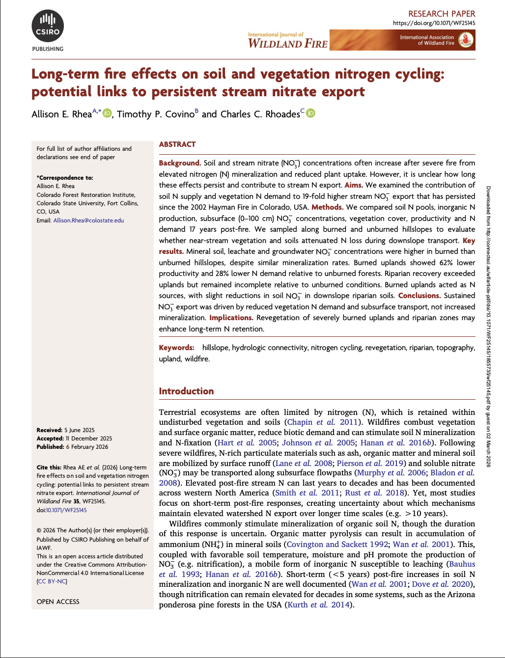 Long-term fire effects on soil and vegetation nitrogen cycling: potential links to persistent stream nitrate export