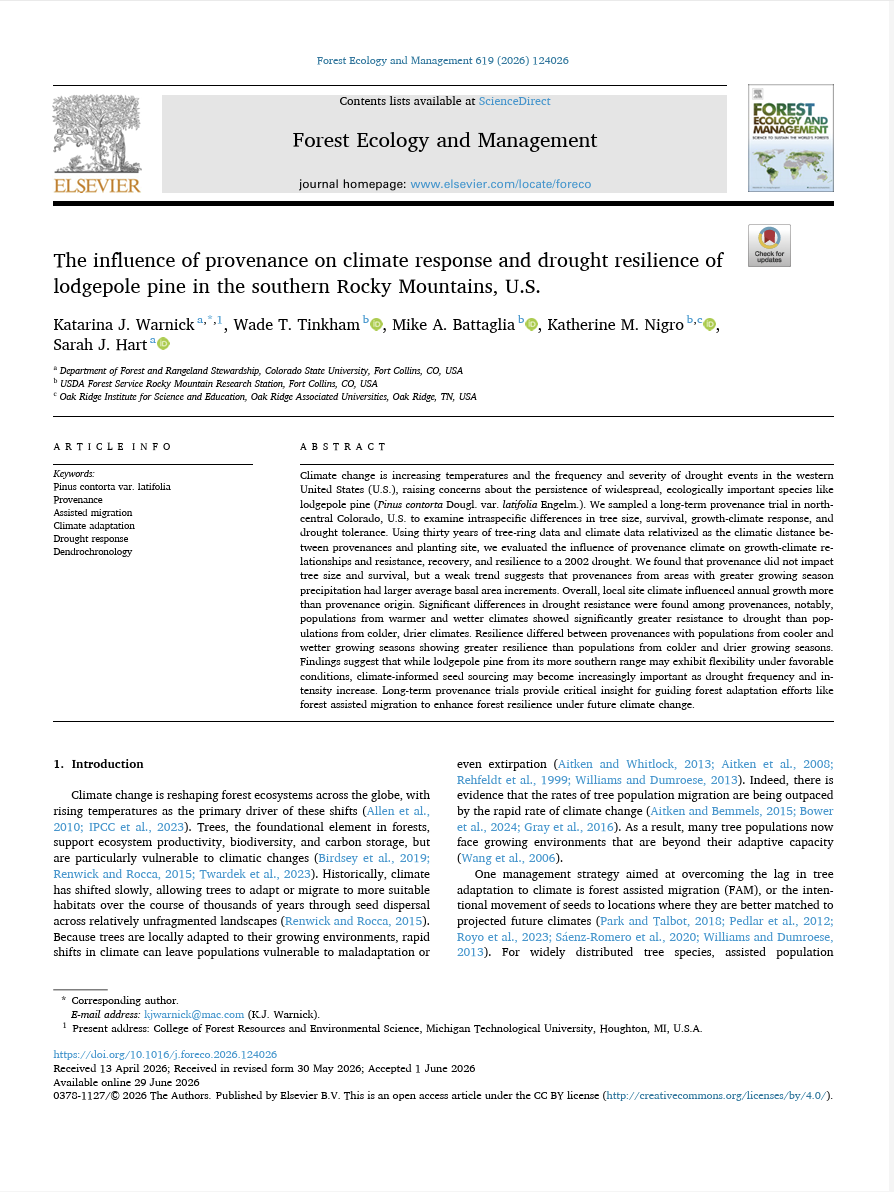 The influence of provenance on climate response and drought resilience of lodgepole pine in the southern Rocky Mountains, U.S.