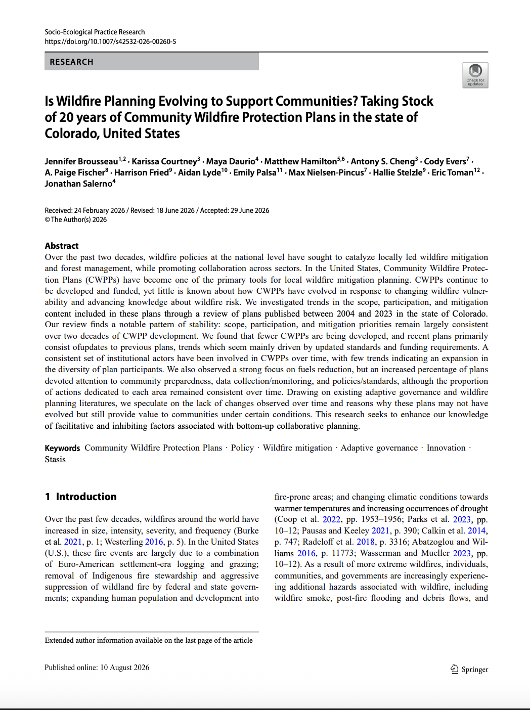 Is Wildfire Planning Evolving to Support Communities? Taking Stock of 20 years of Community Wildfire Protection Plans in the state of Colorado, United States