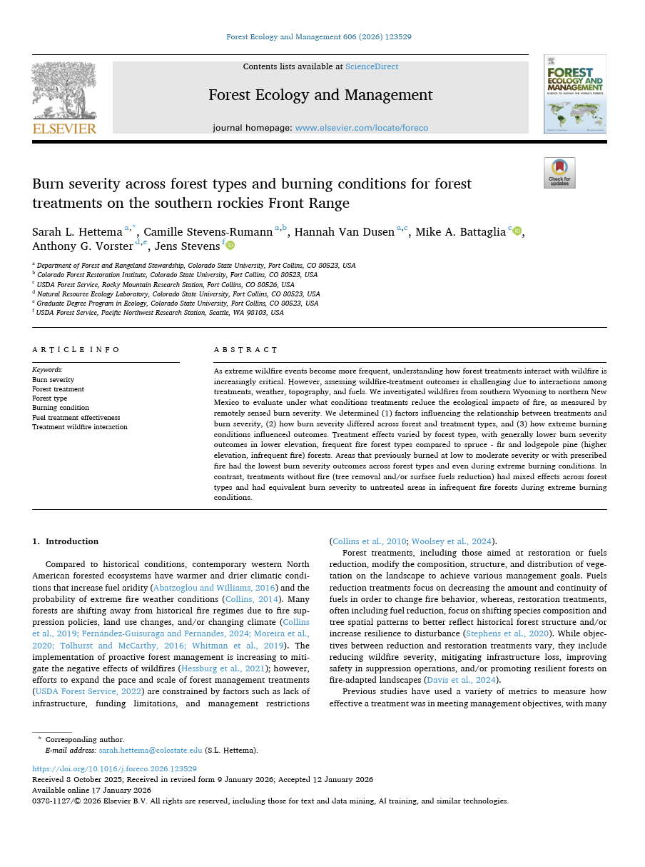 Burn severity across forest types and burning conditions for forest treatments on the southern rockies Front Range